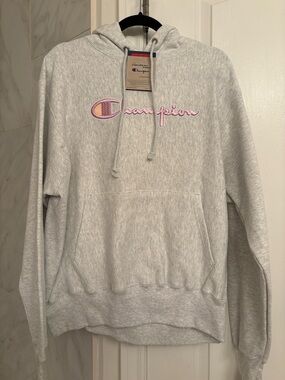 Champion Light Heather Gray Hoodie with Pink Script Logo